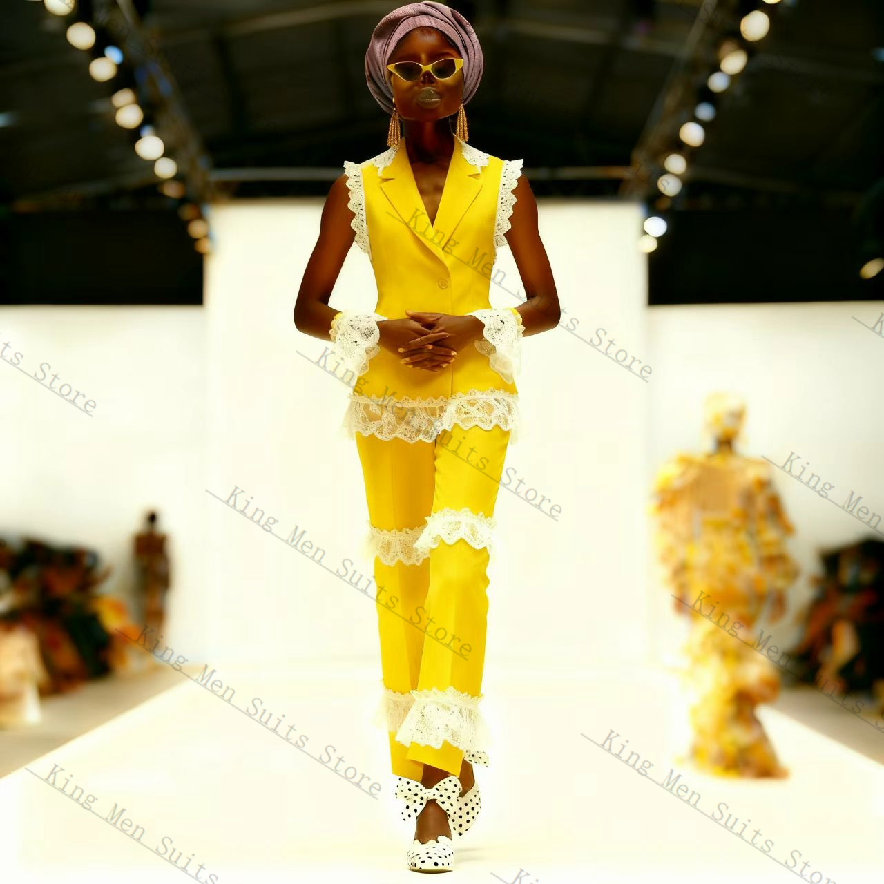 Yellow Formal Wear Women - Желто-белый кружевной женский костюм, комплект из