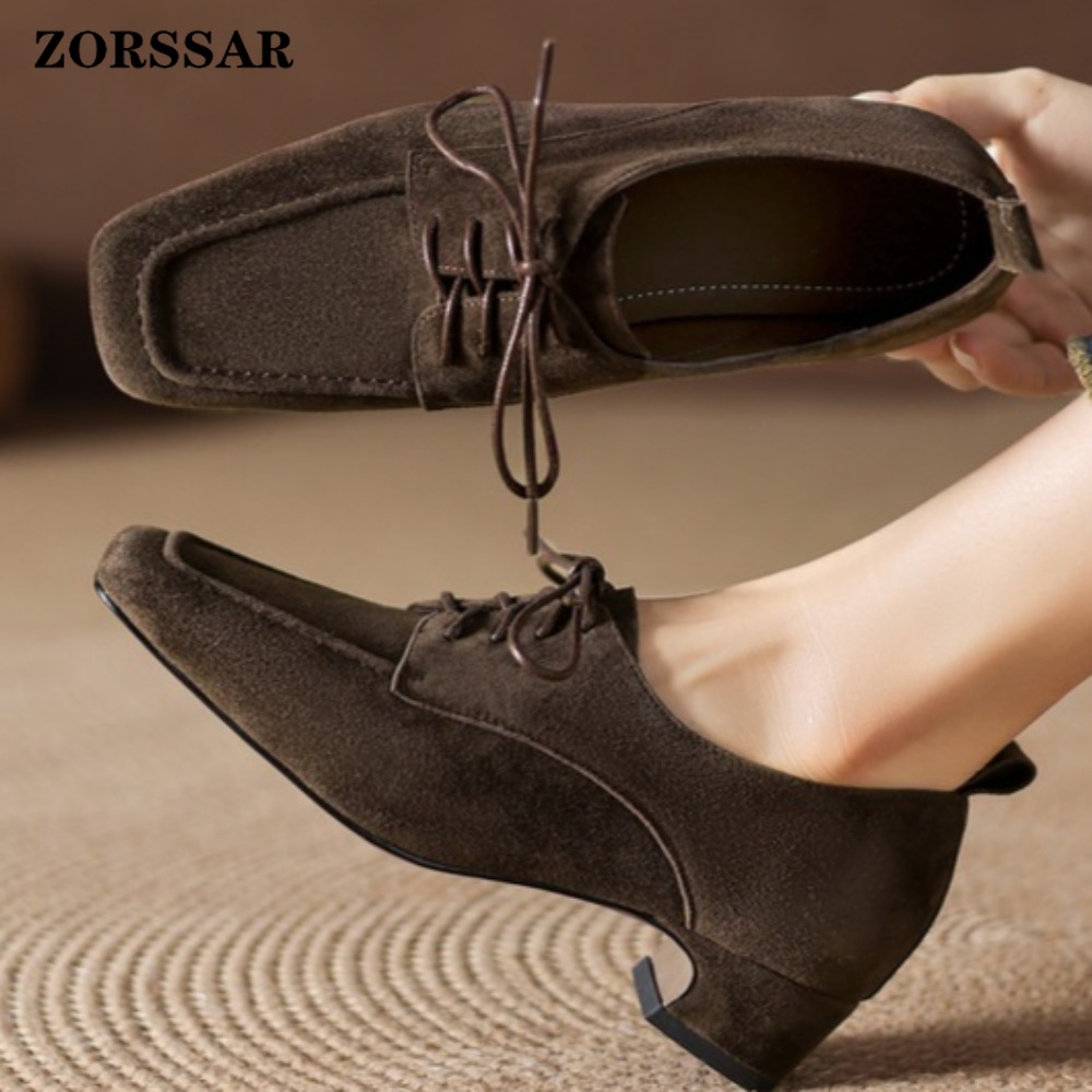 Formal Women Daily Wear Shoes - Женские коричневые замшевые туфли-оксфорды с квадратным